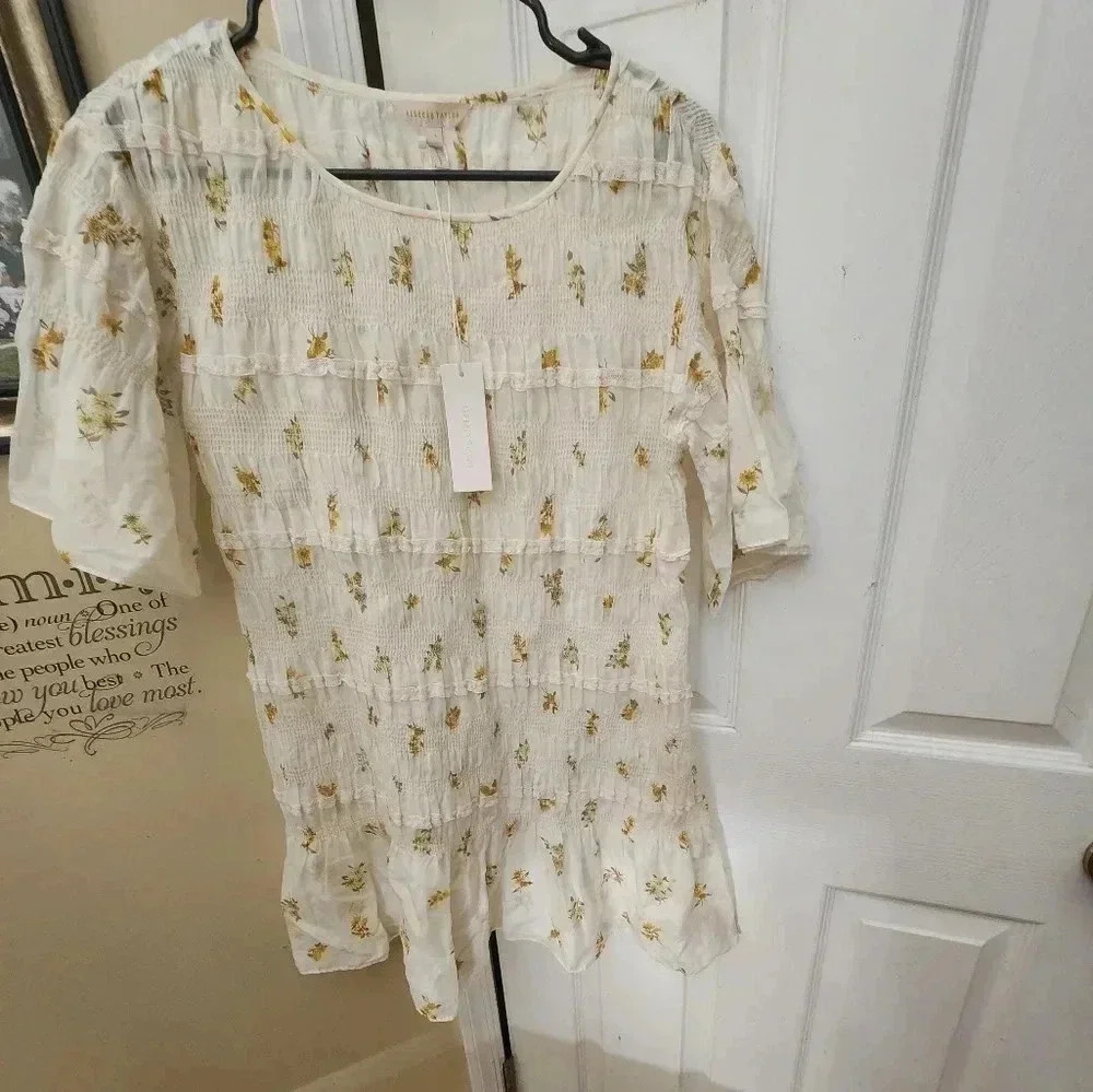 Rebecca Taylor Cream Mini Dress with Yellow Floral Motif